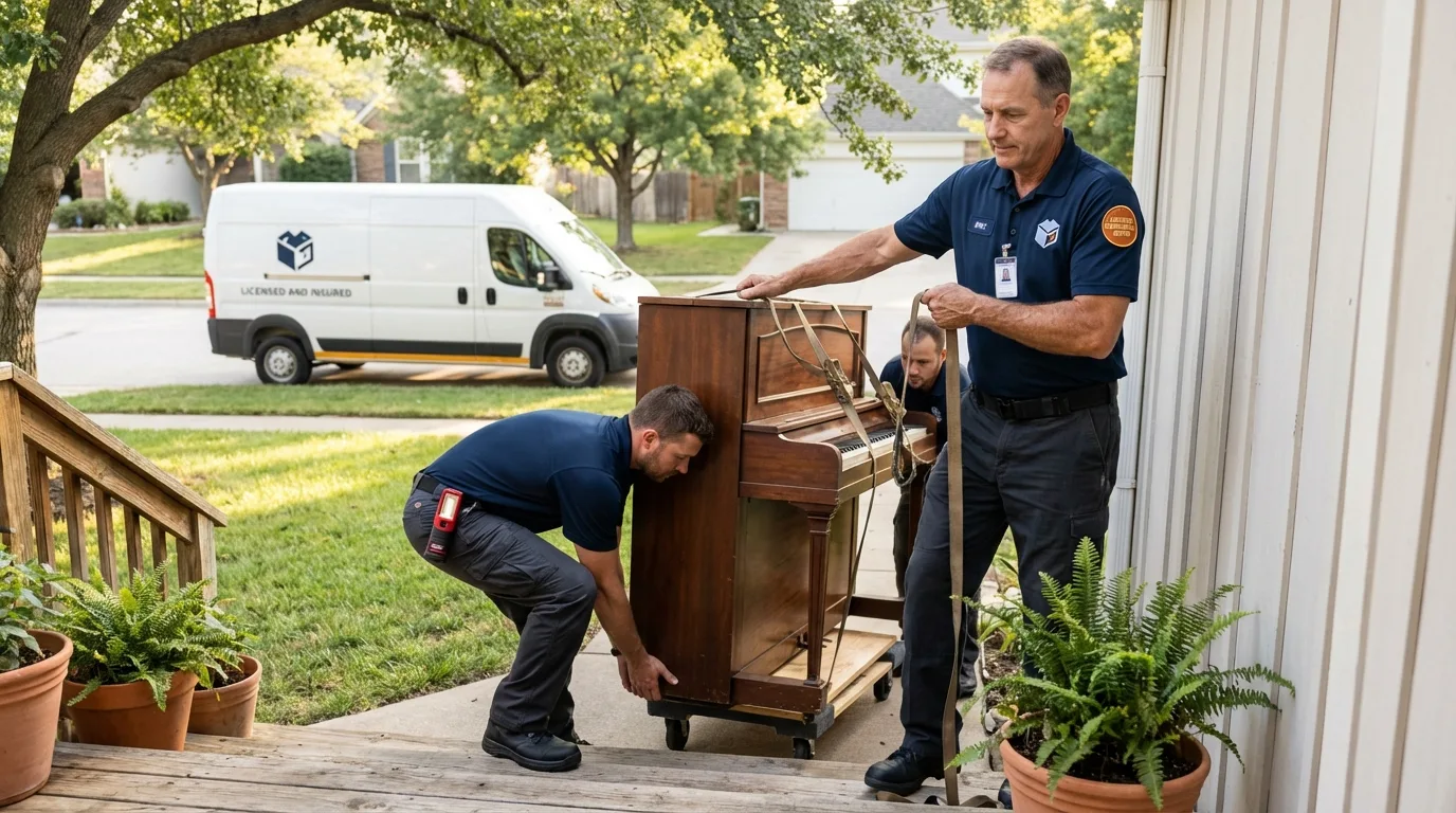 Licensed piano movers securing grand piano in Newark, OH