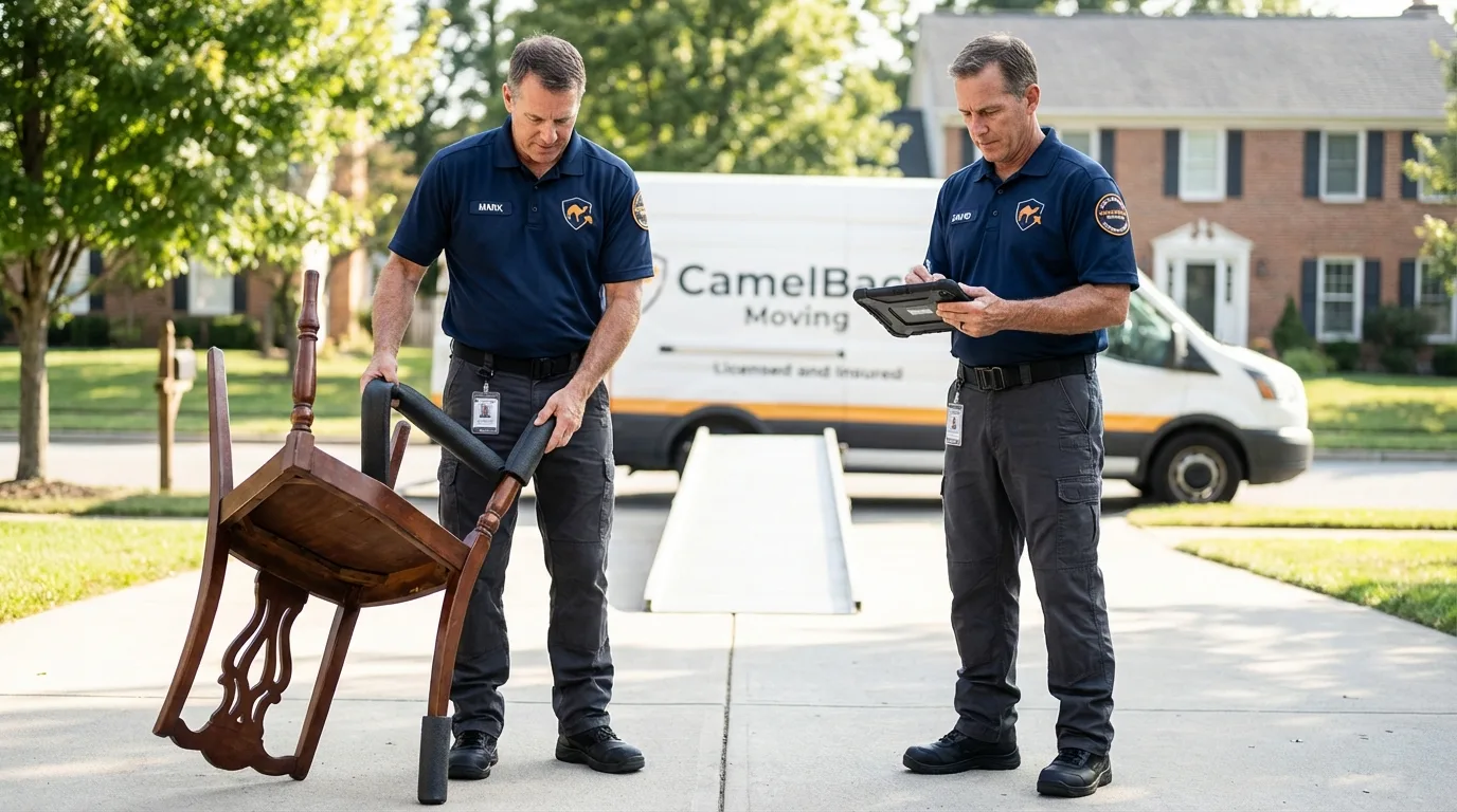 Movers inspecting furniture for damage prevention before loading in Newark, OH