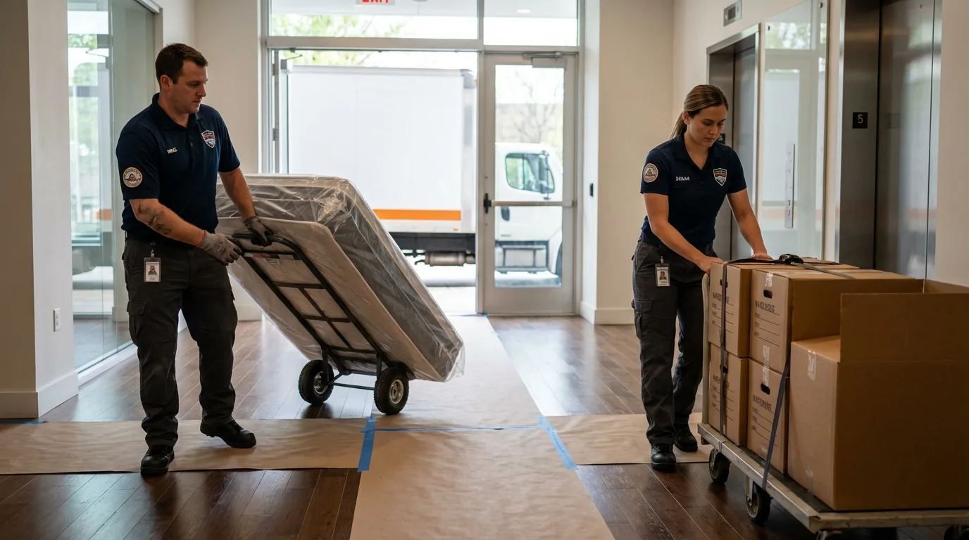 Professional apartment movers loading elevator in Newark, OH